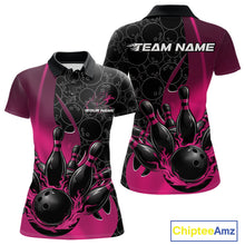 Load image into Gallery viewer, Front and back view of a womens black and pink bowling polo shirt mockup featuring gradient bowling ball pattern with flaming black bowling ball striking pins.