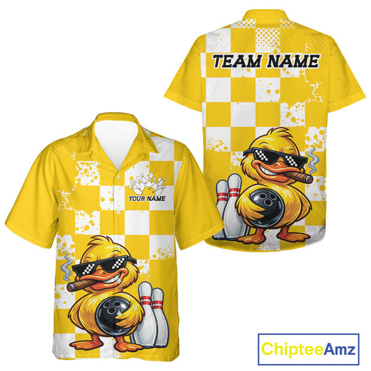 Yellow and white checkered short-sleeve bowling-themed polo shirt shown from the front and back, featuring a cartoon duck wearing sunglasses and holding bowling pins, with customizable text areas.
