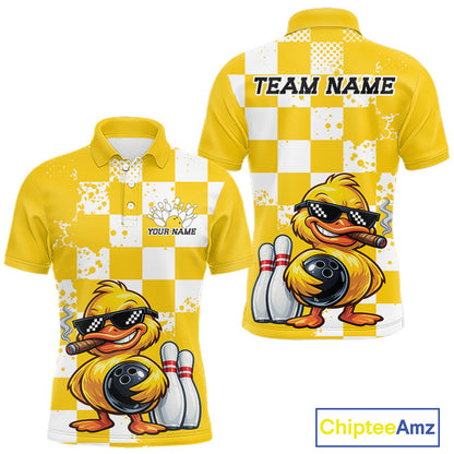 Custom yellow and white checkered polo shirt shown from the front and back, featuring a cartoon yellow duck wearing sunglasses and holding bowling pins, with customizable text areas on the chest and back.