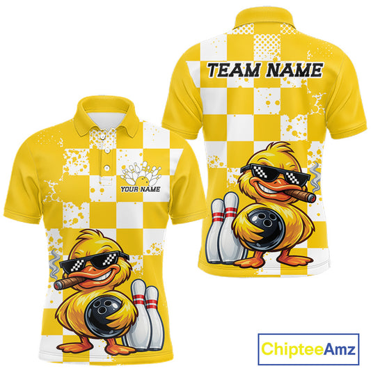 Custom yellow and white checkered polo shirt shown from the front and back, featuring a cartoon yellow duck wearing sunglasses and holding bowling pins, with customizable text areas on the chest and back.