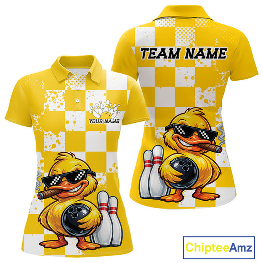 Yellow and white checkered custom polo shirt shown from the front and back, featuring a cartoon bowling duck wearing sunglasses and holding a bowling ball, with customizable text areas on the chest and back.