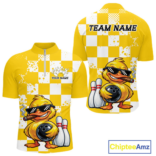 A yellow and white checkered short-sleeve quarter-zip performance shirt shown from both front and back, featuring a cartoon bowling duck graphic with sunglasses, cigar, bowling ball, and bowling pins. The front has a small customizable name patch and a small crown logo, and the back has 'TEAM NAME' printed at the shoulders.
