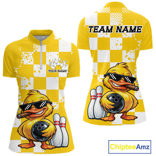 Front and back views of a women's short-sleeve polo shirt in yellow and white checkered pattern with a cartoon yellow duck wearing sunglasses and holding a bowling ball, plus customizable text areas on the chest and back.