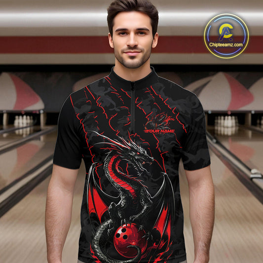 Custom Gray And Red Camo Dragon Claws Bowling Men Quarter-Zip Shirts, Team Bowling Jerseys IPHW9855