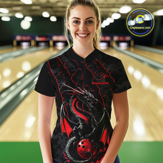 Custom Gray And Red Camo Dragon Claws Bowling Women Quarter-Zip Shirts, Team Jerseys IPHW9855