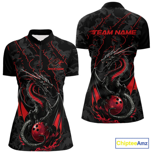 Custom Gray And Red Camo Dragon Claws Bowling Women Quarter-Zip Shirts, Team Jerseys IPHW9855