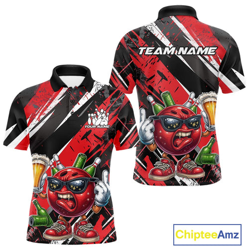 Custom Funny Bowling Ball Drink Beer Bowling Men Polo Shirt, Grunge Red Team Shirt IPHW10117