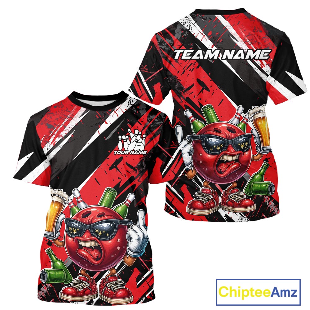 Custom Funny Bowling Ball Drink Beer Bowling Men T-Shirts, Grunge Red Team IPHW10117