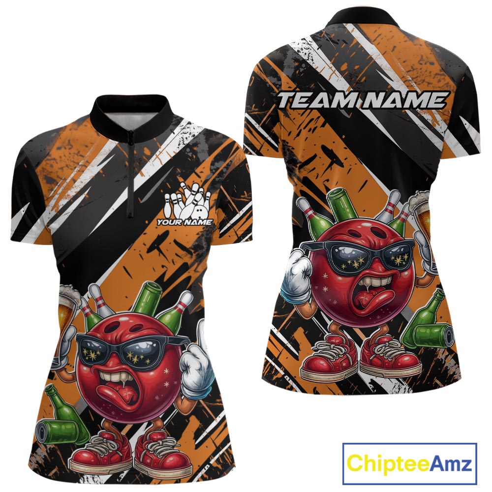 Custom Funny Bowling Ball Drink Beer Bowling Women Quarter-Zip Shirt, Orange Team Shirt IPHW10118