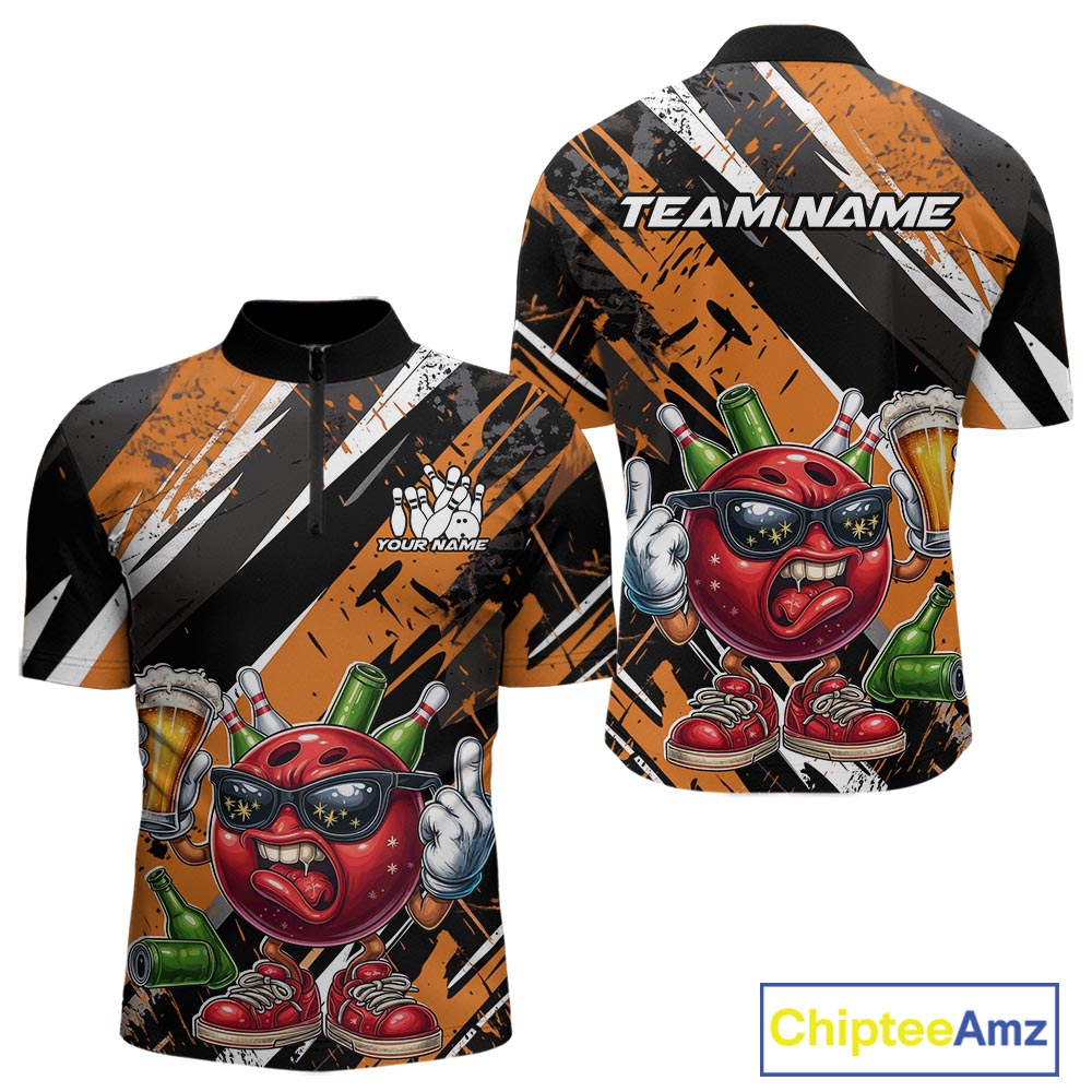 Custom Funny Bowling Ball Drink Beer Bowling Men Quarter-Zip Shirt, Grunge Orange Team Shirt IPHW10118