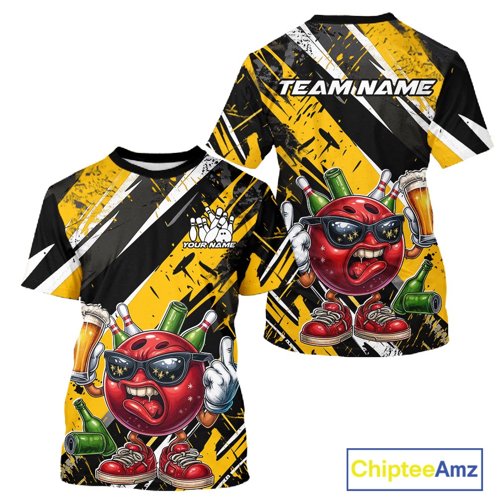 Custom Funny Bowling Ball Drink Beer Bowling Men T-Shirts, Grunge Yellow Team IPHW10119
