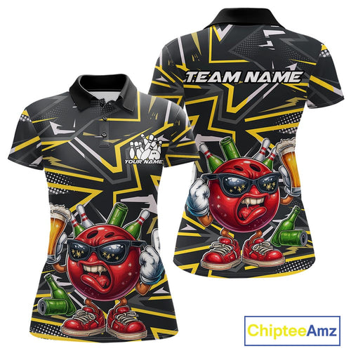 Custom Funny Bowling Ball Drink Beer Bowling Women Polo Shirt, Yellow Bowling Team Shirt IPHW10120