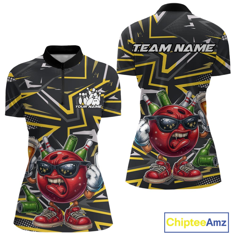 Custom Funny Bowling Ball Drink Beer Bowling Women Quarter-Zip Shirt, Yellow Team Shirt IPHW10120