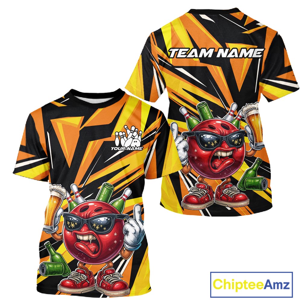 Custom Funny Bowling Ball Drink Beer Bowling Men T-Shirts, Yellow Bowling Team IPHW10123