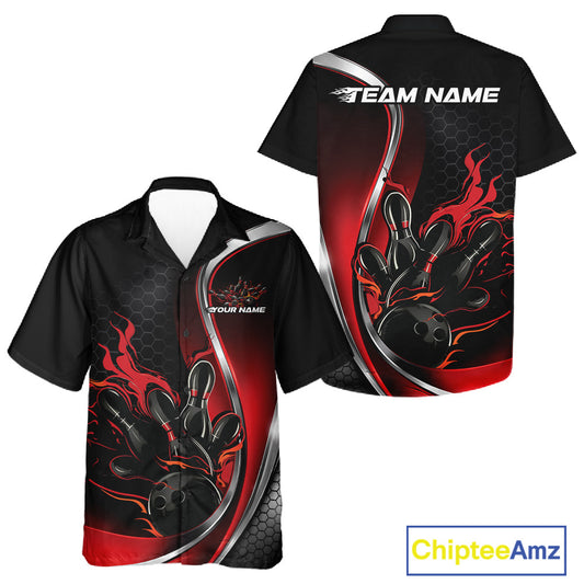 Front and back view of a black and red button-up bowling shirt mockup with flame bowling ball and pins dynamic bowling artwork.