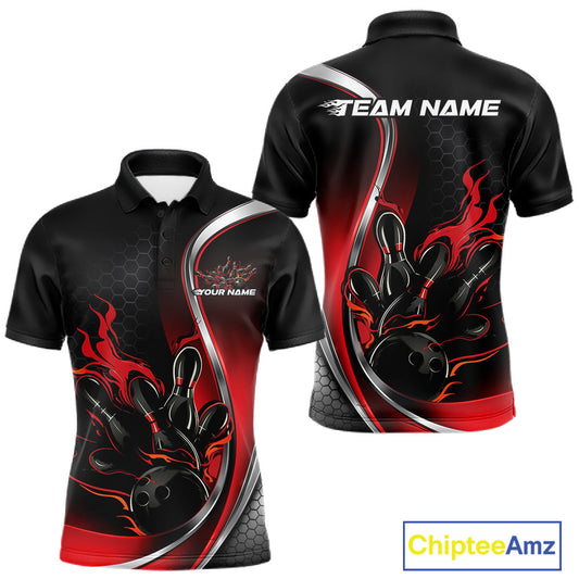 Front and back view mockup of a men’s black and red polo shirt featuring a flame bowling ball striking pins in a bold sports apparel design.