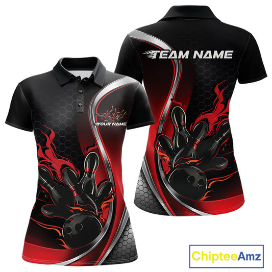 Front and back mockup of women’s black and red polo shirt featuring flame bowling ball striking pins in high-energy athletic apparel design.
