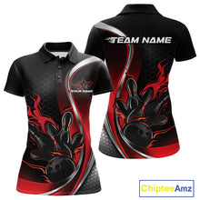 Load image into Gallery viewer, Front and back mockup of women’s black and red polo shirt featuring flame bowling ball striking pins in high-energy athletic apparel design.