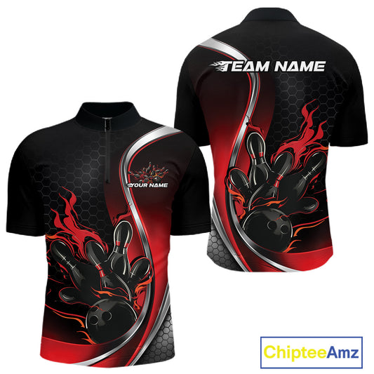 Mens quarter zip bowling shirt mockup, black and red colorway featuring flaming bowling ball striking pins bold illustration