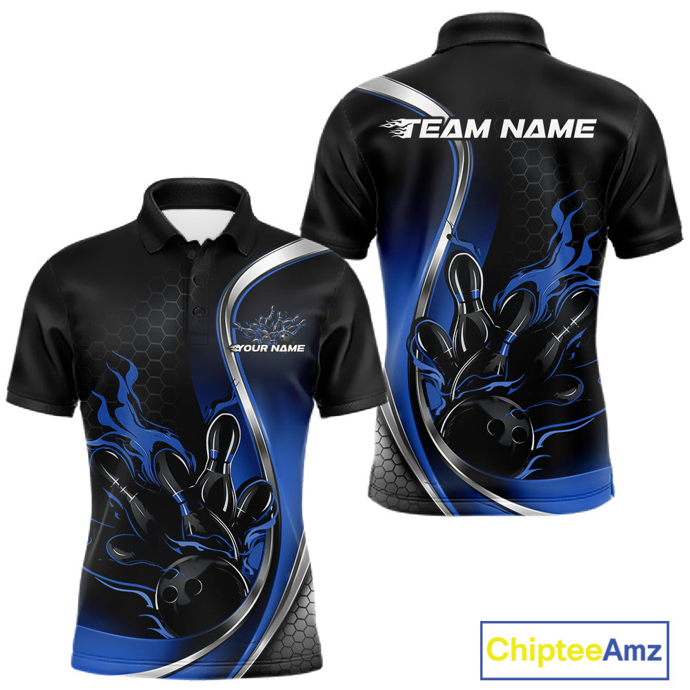 Front and back view mockup of a men’s black and blue polo shirt featuring a flame bowling ball striking pins in a clean sports apparel design.