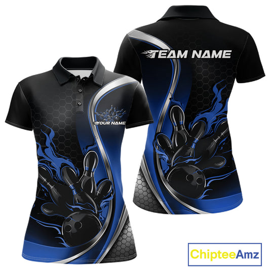Front and back mockup of women’s black and blue polo shirt featuring flame bowling ball striking pins in clean, modern sports apparel styling.