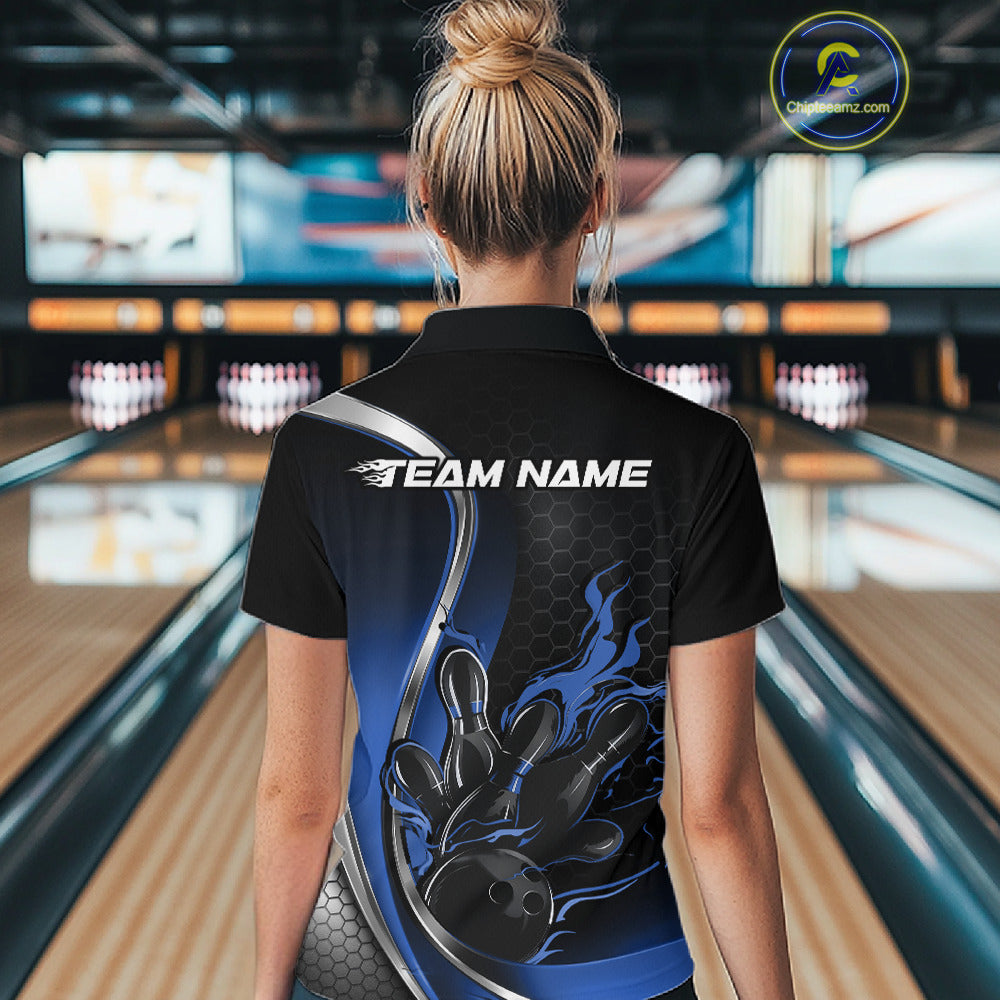 Female model back view in bowling lane wearing black and blue polo shirt showcasing flame bowling ball striking pins in vivid sports illustration.