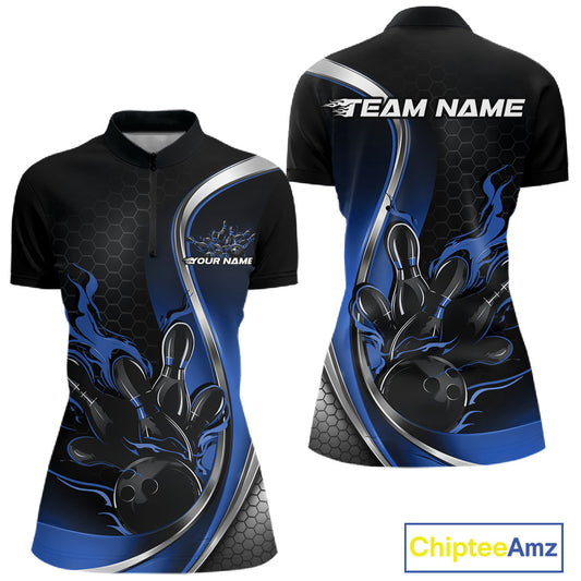 Womens quarter zip bowling shirt mockup, black and blue colorway showing flaming bowling ball hitting pins energetic design