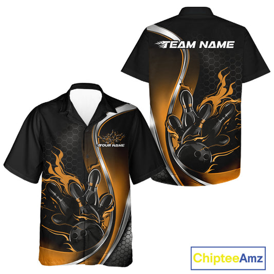 Front and back view of a black and yellow button-up bowling shirt mockup showcasing flame bowling ball and pins energetic bowling design.