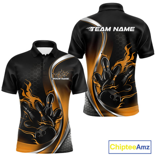 Front and back view mockup of a men’s black and yellow polo shirt featuring a flame bowling ball and pins design in a bright, energetic sports style.