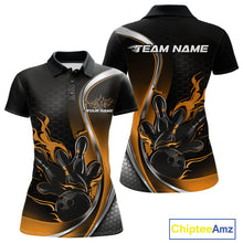 Load image into Gallery viewer, Front and back mockup of women’s black and yellow polo shirt featuring flame bowling ball striking pins in energetic sports apparel design.