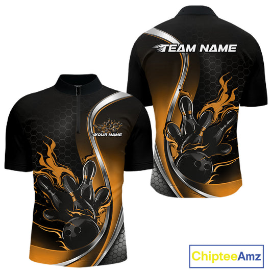 Mens quarter zip bowling shirt mockup, black and yellow colorway showcasing flaming bowling ball knocking down pins bold artwork