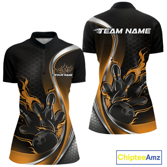 Womens quarter zip bowling shirt mockup, front and back view in black and yellow featuring flaming bowling ball striking pins dynamic artwork