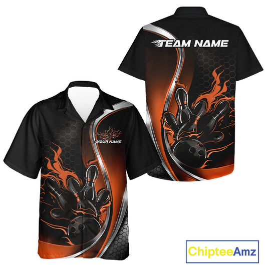 Front and back view of a black and orange button-up bowling shirt mockup featuring flame bowling ball and pins dynamic sports illustration.