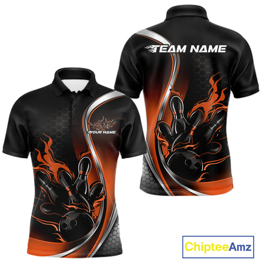 Front and back view mockup of a men’s black and orange polo shirt featuring a flame bowling ball and pins design in a vibrant sports apparel style.