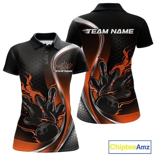 Front and back mockup of women’s black and orange polo shirt featuring flame bowling ball and pins in vibrant athletic apparel style.