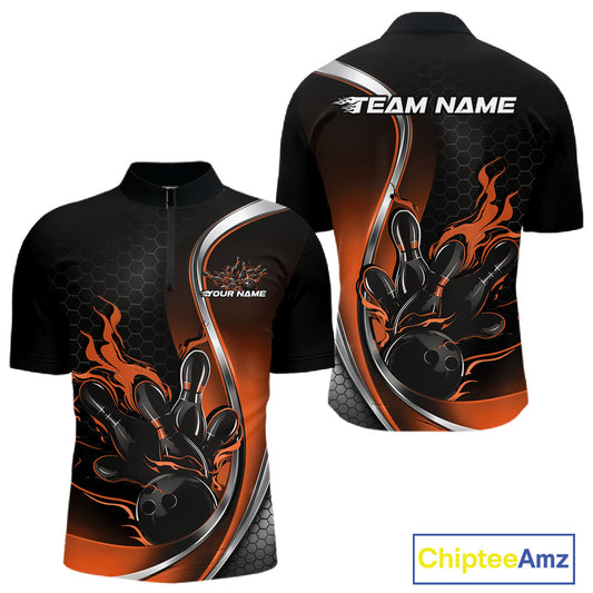 Mens quarter zip bowling shirt mockup, black and orange version featuring flaming bowling ball striking pins bold illustration