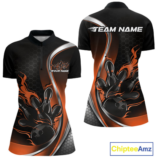Womens quarter zip bowling shirt mockup in black and orange featuring flaming bowling ball knocking down pins design