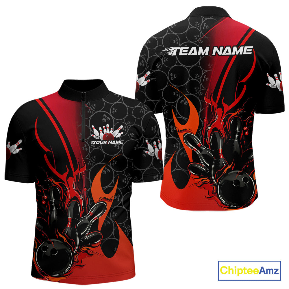 Custom Red Flame Bowling Pattern Bowling Men Quarter-Zip Shirt, Bowling Team League Shirt IPHW9881