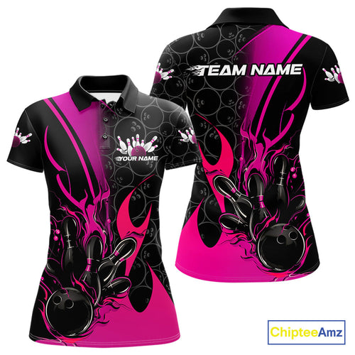 Custom Pink Flame Bowling Pattern Bowling Women Polo Shirt, Bowling Team League Shirt IPHW9882