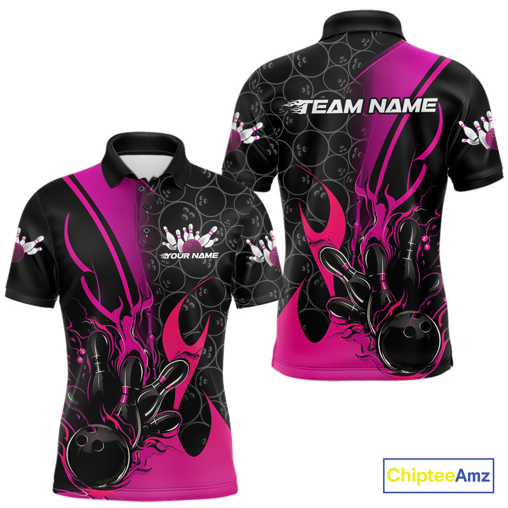 Custom Pink Flame Bowling Pattern Bowling Men Polo Shirt, Bowling Team League Shirt IPHW9882