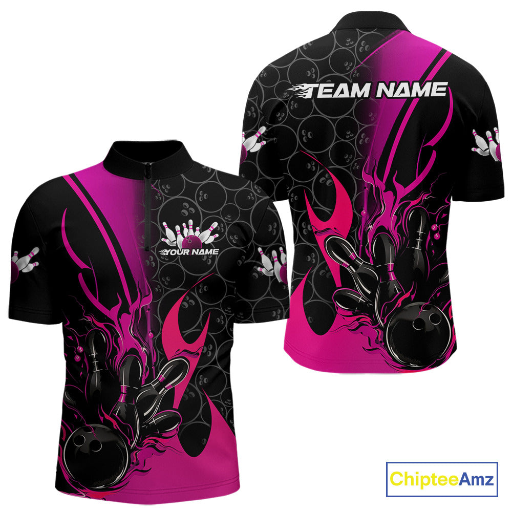 Custom Pink Flame Bowling Pattern Bowling Men Quarter-Zip Shirt, Bowling Team League Shirt IPHW9882