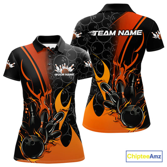 Custom Orange Flame Bowling Pattern Bowling Women Polo Shirt, Bowling Team League Shirt IPHW9883