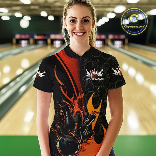 Custom Orange Flame Bowling Pattern Bowling Women Quarter-Zip Shirt, Bowling League Shirt IPHW9883