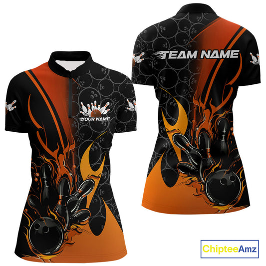 Custom Orange Flame Bowling Pattern Bowling Women Quarter-Zip Shirt, Bowling League Shirt IPHW9883