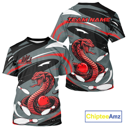 Custom Gray And Red Cobra Snake Bowling T-Shirts For Men, Cobra Bowling Team Jersey IPHW9893