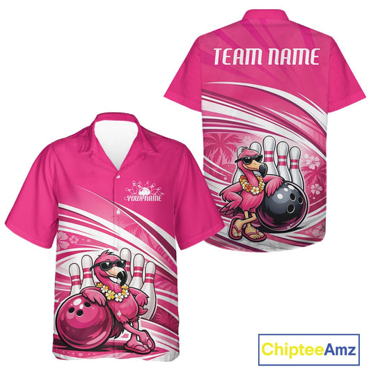 Front and back views of a pink button-up bowling shirt displaying a tropical flamingo in sunglasses leaning on a bowling ball.