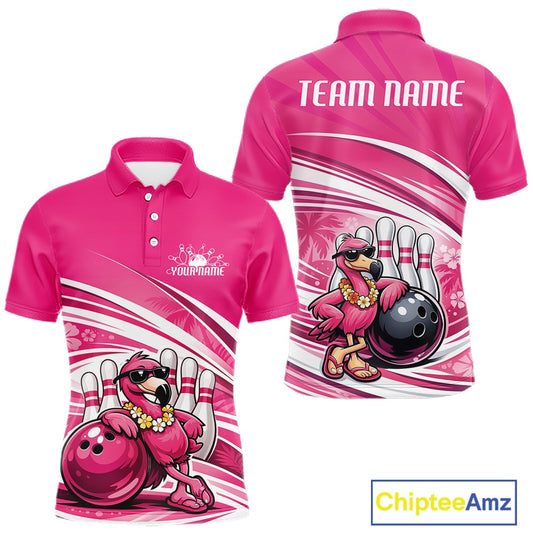 Front and back views of a pink mens bowling polo shirt featuring a tropical flamingo wearing sunglasses and leaning on a bowling ball.
