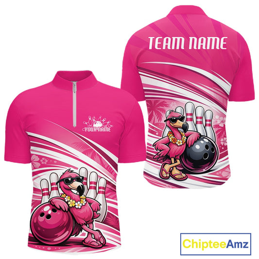 Front and back mockup of a pink men’s bowling quarter-zip shirt featuring a tropical flamingo wearing sunglasses and leaning on a bowling ball.