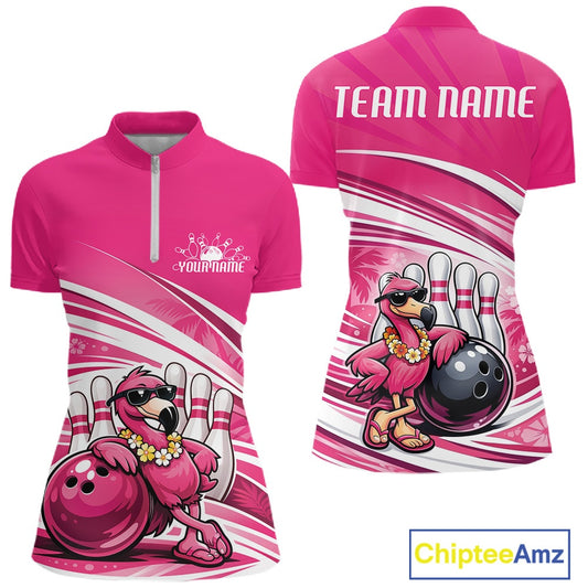 Front and back mockup of a pink women’s bowling quarter-zip shirt featuring a tropical flamingo wearing sunglasses and leaning on a bowling ball.