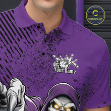 Load image into Gallery viewer, Custom Purple Splatter Skeleton Grim Reaper Bowling Men Polo Shirts, Halloween Outfits IPHW9896